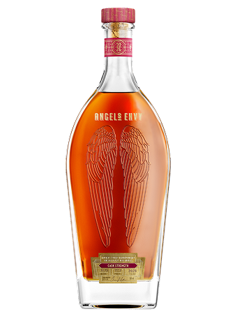 Angel’s Envy 2026 Cask Strength Bourbon bottle featuring the signature embossed wings design and a ruby and gold label.